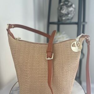 Valentina genuine leather made in Italy Woven Beige and Brown Crossbody Bag.